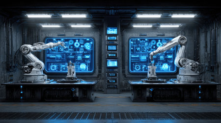 High-tech factory scene featuring advanced industrial robots interacting with digital interfaces, showcasing the future of automation and precision engineering.の素材