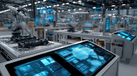 This image showcases advanced robotics and automation in a modern manufacturing facility, featuring intricate machinery and digital interfaces for enhanced productivity.の素材