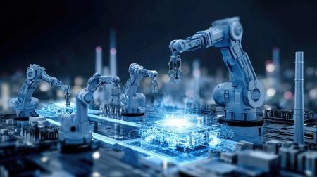 This image showcases advanced robotic arms in a high-tech manufacturing environment, set against a futuristic city backdrop. It highlights innovation in automation.の素材