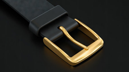 This image showcases an elegant black leather belt featuring a shiny golden buckle, set against a dark background, ideal for fashion and accessory themes.の素材