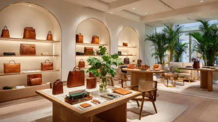 This elegant retail space features premium leather bags meticulously displayed on stylish shelves, complemented by natural light and greenery.の素材