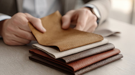 A well-dressed man examines a collection of leather samples, showcasing the rich textures and colors ideal for fashion or interior design projects.の素材