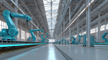 A modern manufacturing facility showcasing advanced industrial robotics technology. Robotic arms efficiently operate along an assembly line, enhancing production and precision in a high-tech environment.の素材