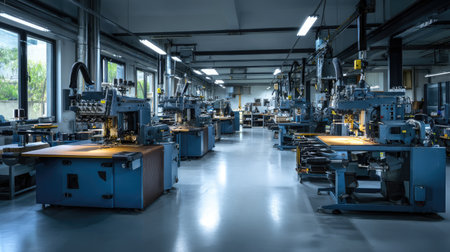 A spacious industrial workshop features advanced sewing machines and bright workstations, highlighting the efficiency and innovation within modern textile manufacturing.の素材
