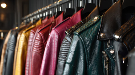 A vibrant collection of leather jackets in various colors and styles, elegantly displayed in a fashion boutique, highlighting craftsmanship and modern design.の素材