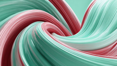 This abstract image features dynamic swirls of pink and mint colors, creating a smooth, flowing texture ideal for backgrounds, prints, and artistic designs.の素材