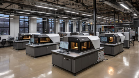 A spacious industrial lab featuring advanced 3D printing machines, designed for innovative manufacturing and efficient workflows, showcasing modern technology in a clean environment.の素材