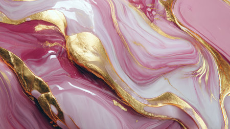 This stunning image features a blend of pink and gold marble textures, showcasing elegant fluid patterns and rich colors ideal for various creative projects.の素材