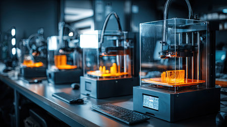 A modern workshop showcasing advanced 3D printing technology with multiple printers actively creating innovative designs. The machines glow with orange light, highlighting the creativity and precision involved in contemporary manufacturing processes.の素材