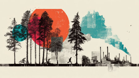 Vibrant landscape illustration blending natural elements with industrial features. The artwork showcases human activities amidst trees and colorful shapes.の素材