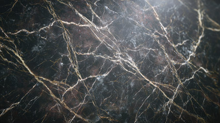 A stunning dark marble surface featuring golden veins and a glossy finish, perfect for elegant design and decoration projects. This high-resolution texture adds sophistication to any space.の素材