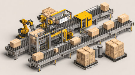 This image showcases an advanced automation system featuring robotic arms, conveyor belts, and packaging operations within a modern warehouse environment.の素材