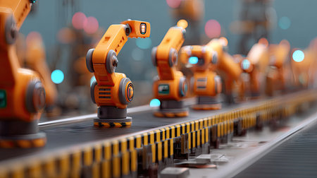 This image showcases robotic arms in a modern manufacturing facility, highlighting automation in industrial processes and advanced technology in action.の素材