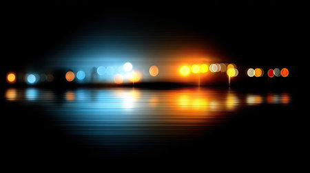 A captivating blend of vibrant blue and orange lights creates an abstract scene, featuring soft reflections and a mesmerizing bokeh effect against a dark backdrop.の素材