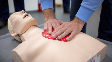 A hands-on training session where an individual performs CPR on a realistic training dummy, highlighting the importance of lifesaving skills in emergencies.の素材