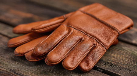 A close-up view of a pair of brown leather gloves resting on a rustic wooden surface, showcasing high-quality craftsmanship, ideal for stylish winter wear.の素材