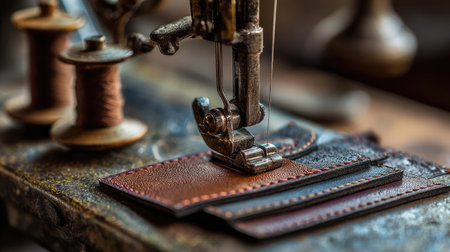 A detailed image of a vintage leather sewing machine in a workshop, showcasing the intricate process of crafting leather goods with spools of thread.の素材