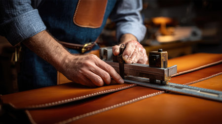 A skilled craftsman carefully measures a piece of leather with a precision tool in a warm artisan workshop, exemplifying the art of handmade accessories.の素材