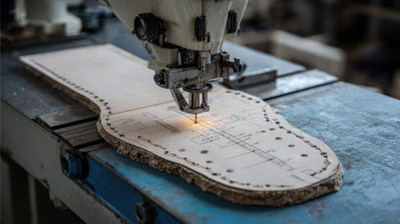 Close-up view of an industrial sewing machine stitching a shoe sole pattern on leather material, highlighting precision and craftsmanship in a workshop environment.の素材