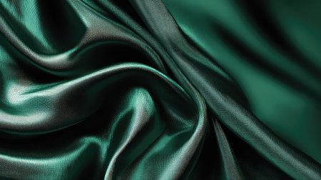 A stunning close-up of luxurious deep green satin fabric showcasing its smooth texture and elegant drapery, ideal for fashion and interior design projects.の素材