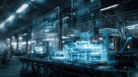 This captivating image illustrates advanced manufacturing technology in a modern factory, featuring digital projections and intricate machinery. Ideal for themes of industry and innovation.の素材