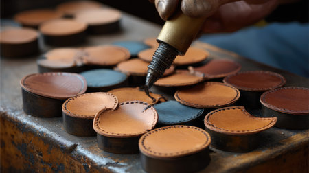 A skilled artisan showcases incredible craftsmanship while working with colorful pieces of leather, using precise tools in a cozy workshop setting.の素材