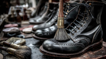 A detailed view of a pair of polished leather boots being brushed in a shoe repair shop, showcasing craftsmanship and the tools of the trade.の素材