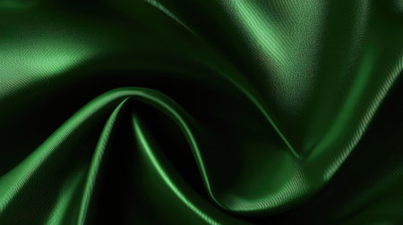 This image features luxurious green silk fabric with a smooth texture, showcasing elegant drapery and rich sheen, perfect for fashion or textile design.の素材