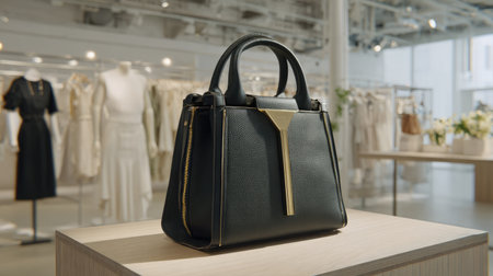 A sophisticated black handbag is beautifully displayed in a modern fashion store, surrounded by elegant clothing pieces, showcasing luxury styling and design.の素材