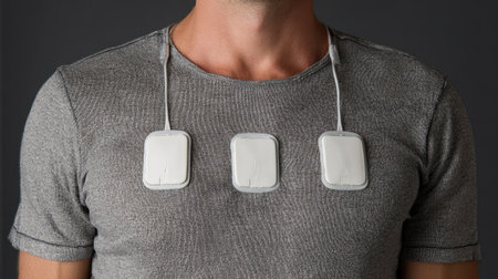 An individual showcases innovative health monitoring devices attached to a gray shirt, reflecting modern technology in wellness and fitness applications.の素材