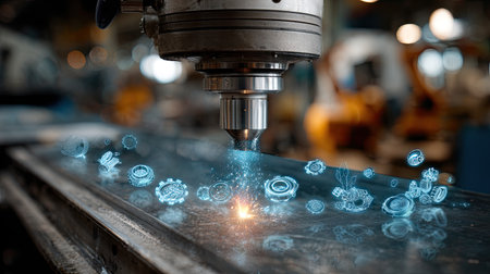 An advanced CNC machine cuts through metal, showcasing holographic projections of gears and components, illustrating modern industrial technology and innovation.の素材