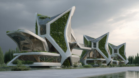 Aiding the environment, this futuristic architecture showcases innovative design with geometric shapes, surrounded by lush greenery and tranquil water.の素材