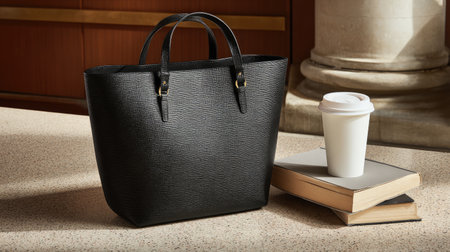 A stylish black tote bag sits beside a coffee cup and stacked books on a sleek counter, creating an inviting workspace. Ideal for lifestyle shoots.の素材