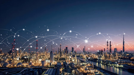 This stunning urban image captures a nighttime city skyline filled with industrial structures and vibrant lights, symbolizing connectivity and technological growth.の素材