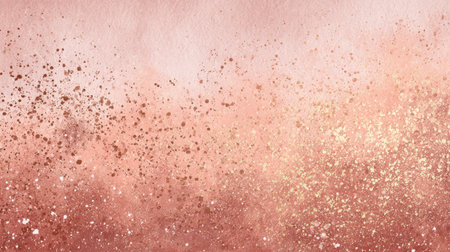 A stunning rose gold watercolor background featuring shimmering particles and artistic splatter effects, perfect for design projects, invitations, and backgrounds.の素材