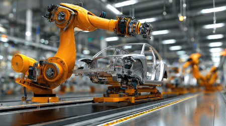 This high-resolution image showcases advanced robotics in automotive manufacturing, featuring robotic arms assembling car chassis in a modern factory environment.の素材