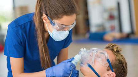 A healthcare professional is focused on administering CPR to a patient using an oxygen mask in a realistic training environment, showcasing essential lifesaving skills.の素材