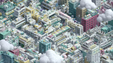 An intricate aerial view of a vibrant cityscape showcasing colorful buildings, playful clouds, and a blend of urban architecture and fantasy design.の素材