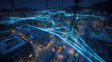 Stunning aerial view of a futuristic cityscape at night, showcasing vibrant blue digital connectivity visuals blending with industrial architecture elements.の素材