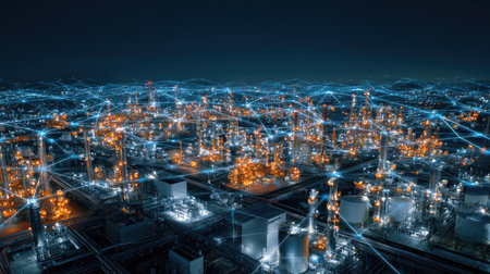 This aerial image captures a futuristic industrial complex at night, showcasing illuminated structures connected by a vibrant network, symbolizing innovation.の素材