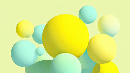This image features vibrant abstract spheres in soft pastel shades, including yellow and blue, set against a light yellow background, ideal for creative projects.の素材