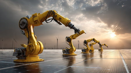 This image showcases advanced robotic arms actively working on solar panels, highlighting the integration of automation and renewable energy solutions in a stunning landscape setting.の素材