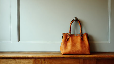 A stylish brown leather handbag is elegantly placed on a wooden shelf, set against a light gray wall, showcasing modern interior decor seamlessly.の素材