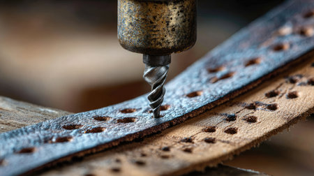 A close-up shot of a leather piece being drilled, revealing the intricate details of craftsmanship in leatherworking with a rotary tool.の素材