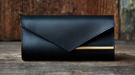 This sophisticated black leather clutch features a minimalist design with a gold accent, perfect for formal events or stylish everyday use.の素材
