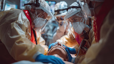 A medical team in protective gear provides urgent care to a critically ill patient in a hospital setting, illustrating the intensity and dedication of healthcare professionals during emergencies.の素材