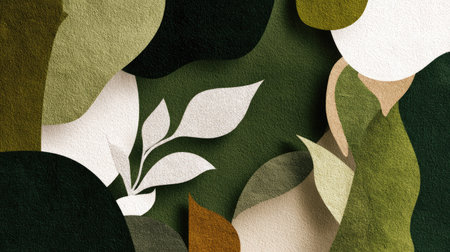 This abstract artwork features organic plant shapes in soothing green and beige tones, creating a peaceful and modern aesthetic ideal for design projects.の素材