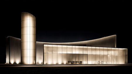 A striking modern building illuminated against the night sky, showcasing a sleek and contemporary design that highlights exquisite architectural lines and shapes.の素材