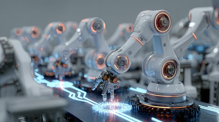This image showcases advanced robotic arms operating on an automated assembly line, highlighting technological innovation in modern manufacturing processes.の素材