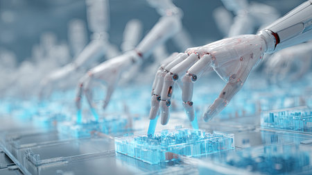 A futuristic robotic hand engages with transparent digital elements, showcasing the intersection of technology, design, and innovation in automation. The image illustrates advanced robotics in a high-tech environment.の素材